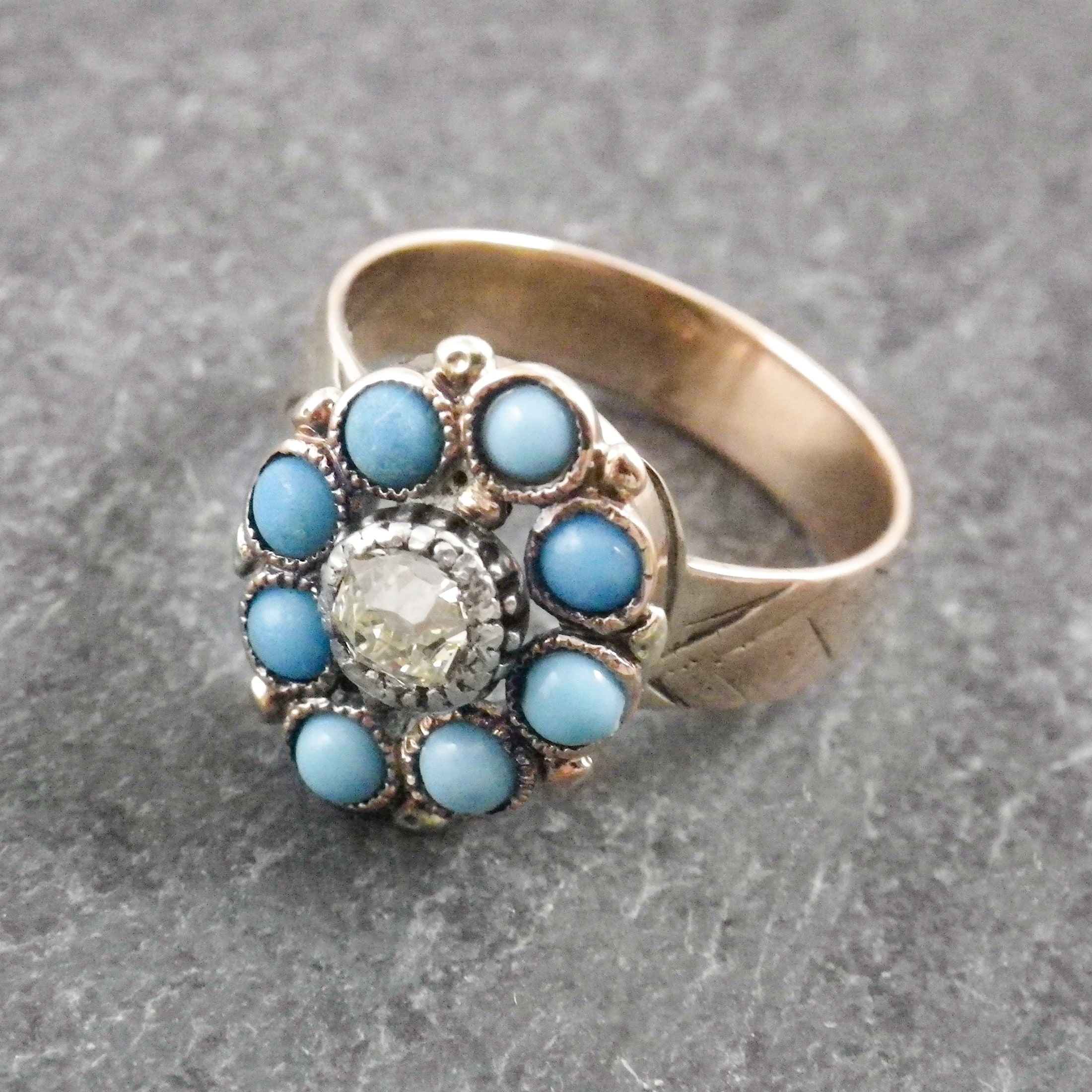 Antique Early 19th Century Gold Ring, Mine Cut Diamond and Turquoise ...