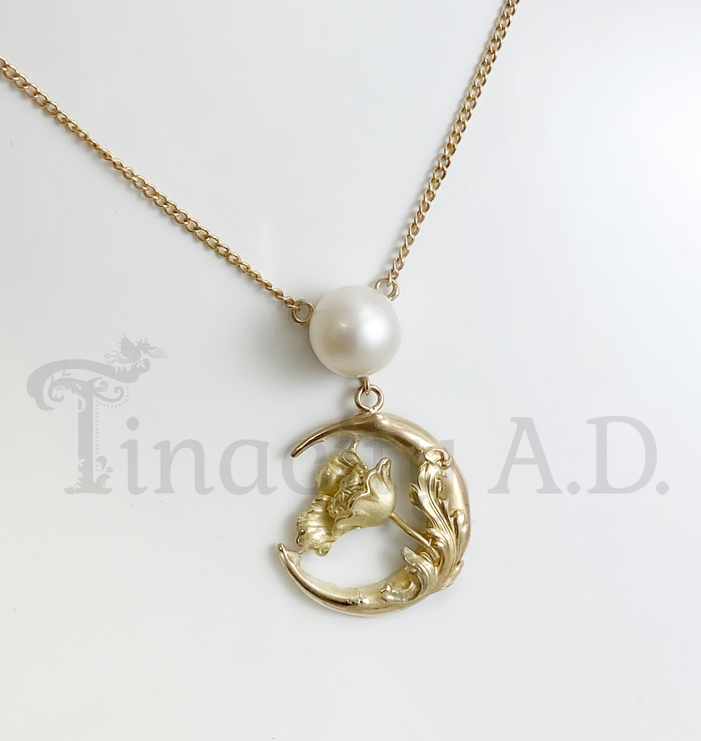 A Vintage Elements Pendant Featuring a Lovely Art Nouveau Crescent Moon and  Poppy Lace Pin as a Pendant with Cultured Pearl Accent, 14k and 10k Yellow 